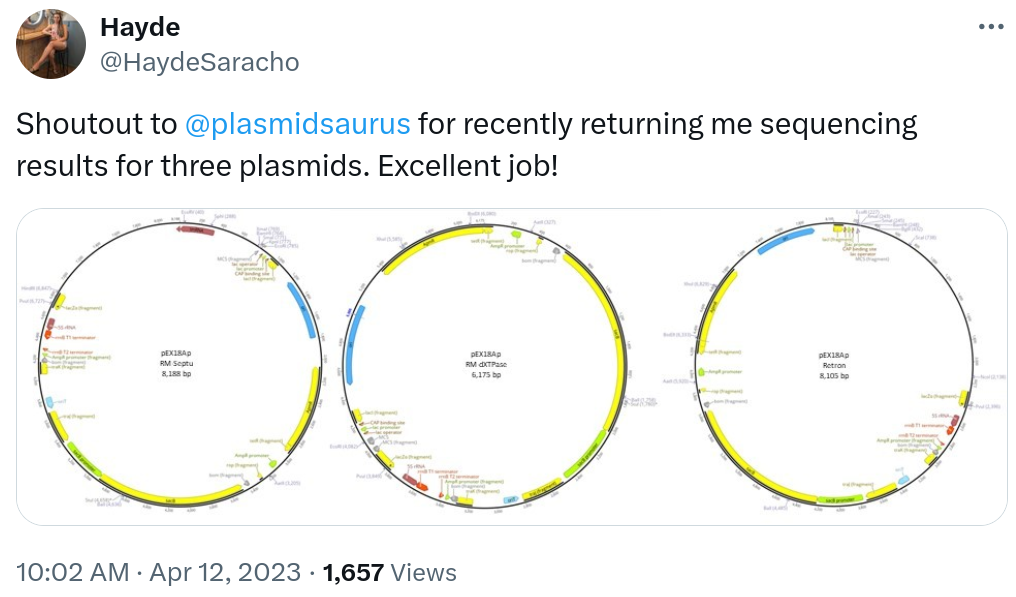 Shoutout to @plasmidsaurus for recently returning me sequencing results for three plasmids. Excellent job!