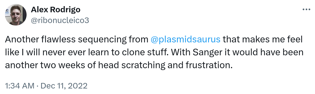 Another flawless sequencing from @plasmidsaurus that makes me feel like I will never ever learn to clone stuff. With Sanger it would have been another two weeks of head scratching and frustration. 