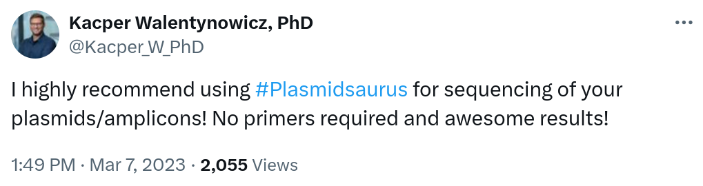 I highly recommend using #plamidsaurus for sequencing of your plamids/amplicons! No primers required and awesome results!