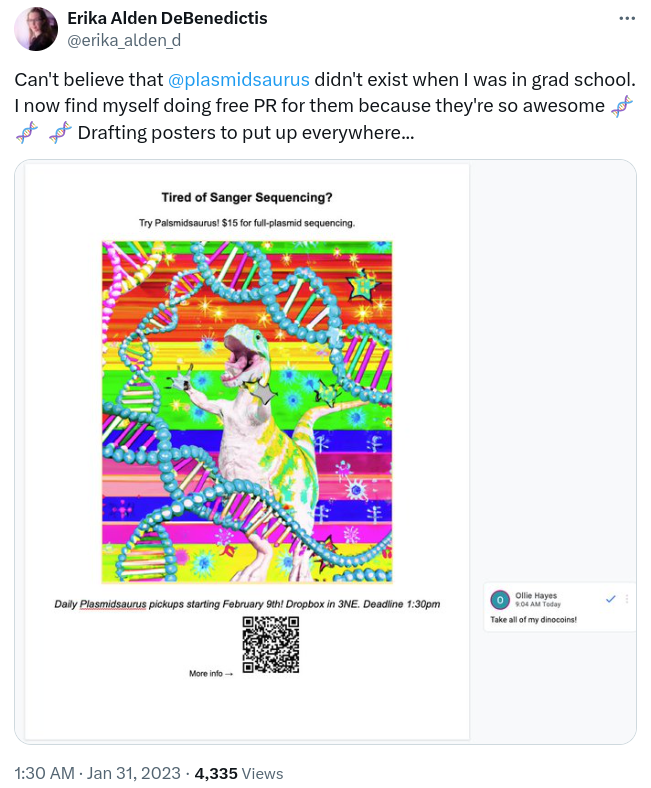 Can't believe that @plasmidsaurusdidn't exist when I was in grad school. I now find myself doing free PR for them because they're so awesome 🧬  🧬  🧬 Drafting posters to put up everywhere...