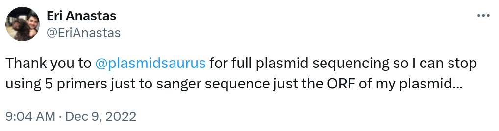 Thank you to @plasmidsaurus for full plasmid sequencing so I can stop using 5 primers just to sanger sequence just the ORF of my plasmid...