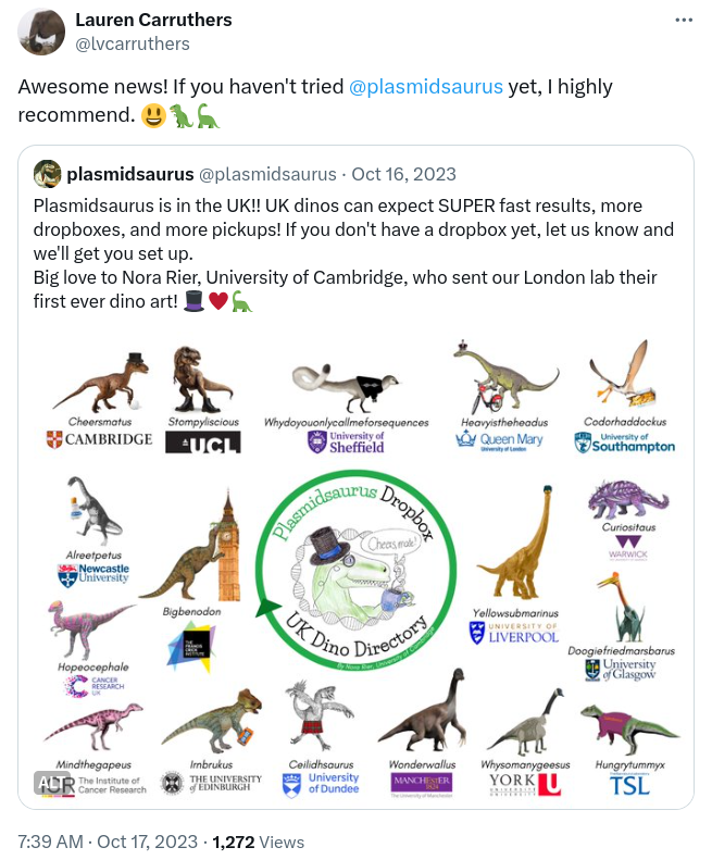 Awesome news! If you haven't tried @plasmidsaurus yet, I highly recommend. 😃🦖🦕