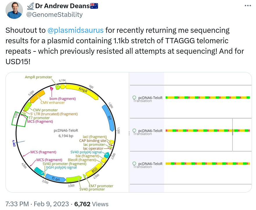 Shoutout to @plasmidsaurus for recently returning me sequencing results for a plasmid containing 1.1kb stretch of TTAGGG telomeric repeats - which previously resisted all attempts at sequencing! And for USD15!