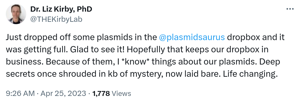 Just dropped off some plasmids in the @plasmidsaurus dropbox and it was getting full. Glad to see it! Hopefully that keeps our dropbox in business. Because of them, I *know* things about our plasmids. Deep secrets once shrouded in kb of mystery, now laid bare. Life changing.
